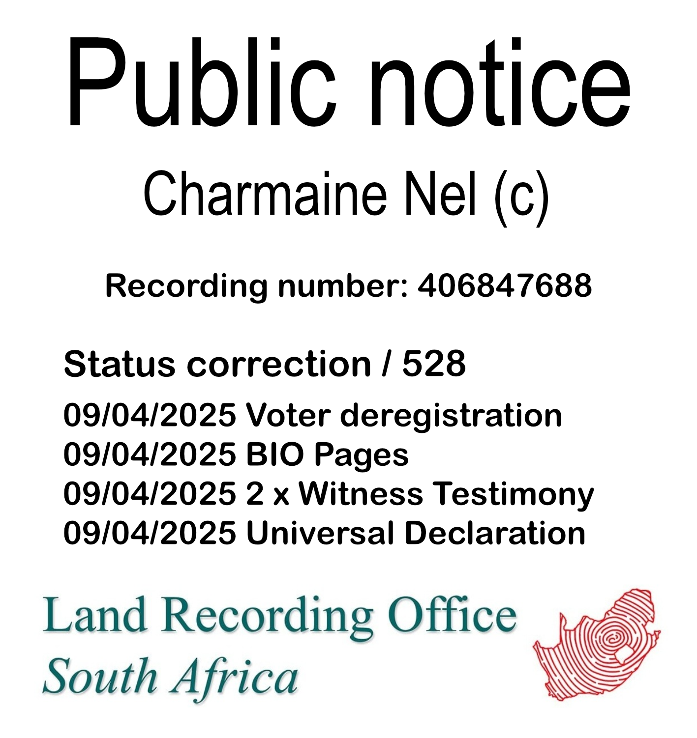 Public notice Charmaine Nel (c) Recording number 406847688